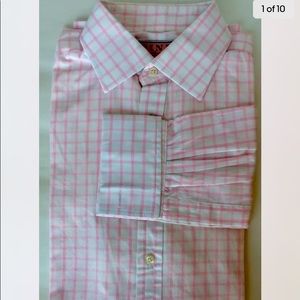 Thomas Pink Men Dress Shirt Pink Plaid 15 1/2 Long Sleeve Cotton French Cuff